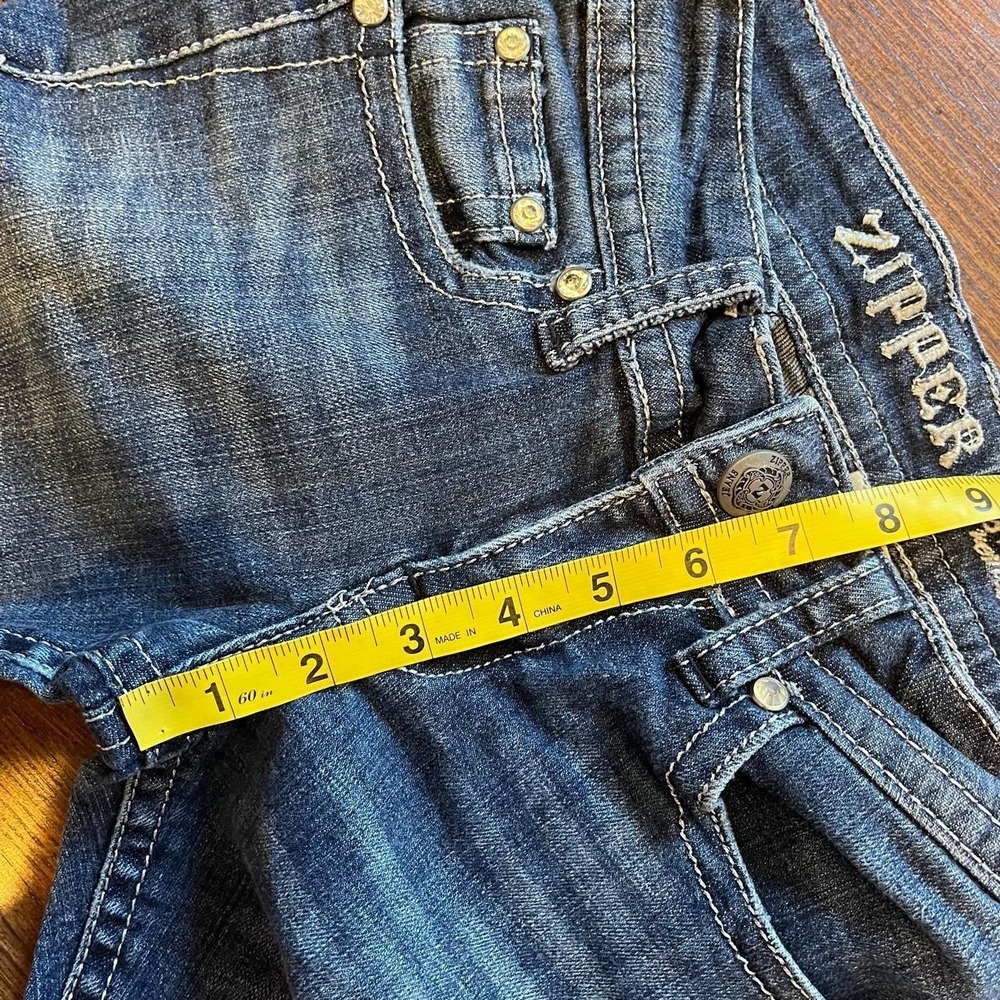 y2k zipper dark wash low rise bootcut flare embellished pocket jeans size 26 - Picture 5 of 8